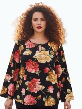 Delta Burke Floral Rose Print Split Bell Sleeve Tie Neck Blouse Size 1X